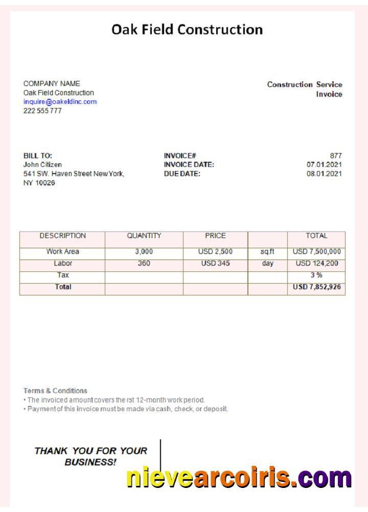 USA Oak Field Construction invoice